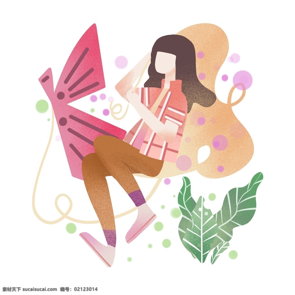 踏青 休息 小女孩 踏青人物插画 休息的小女孩 红色的风筝 绿色的叶子 植物装饰 卡通人物