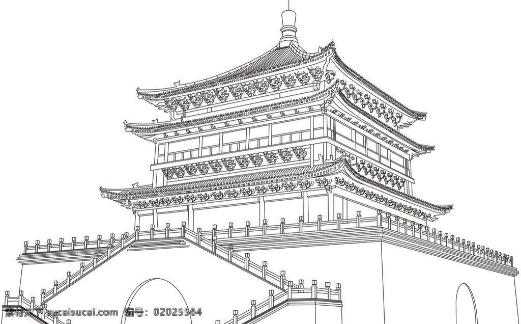 西安钟楼线稿 陕西 西安 钟楼 线稿 建筑 特色