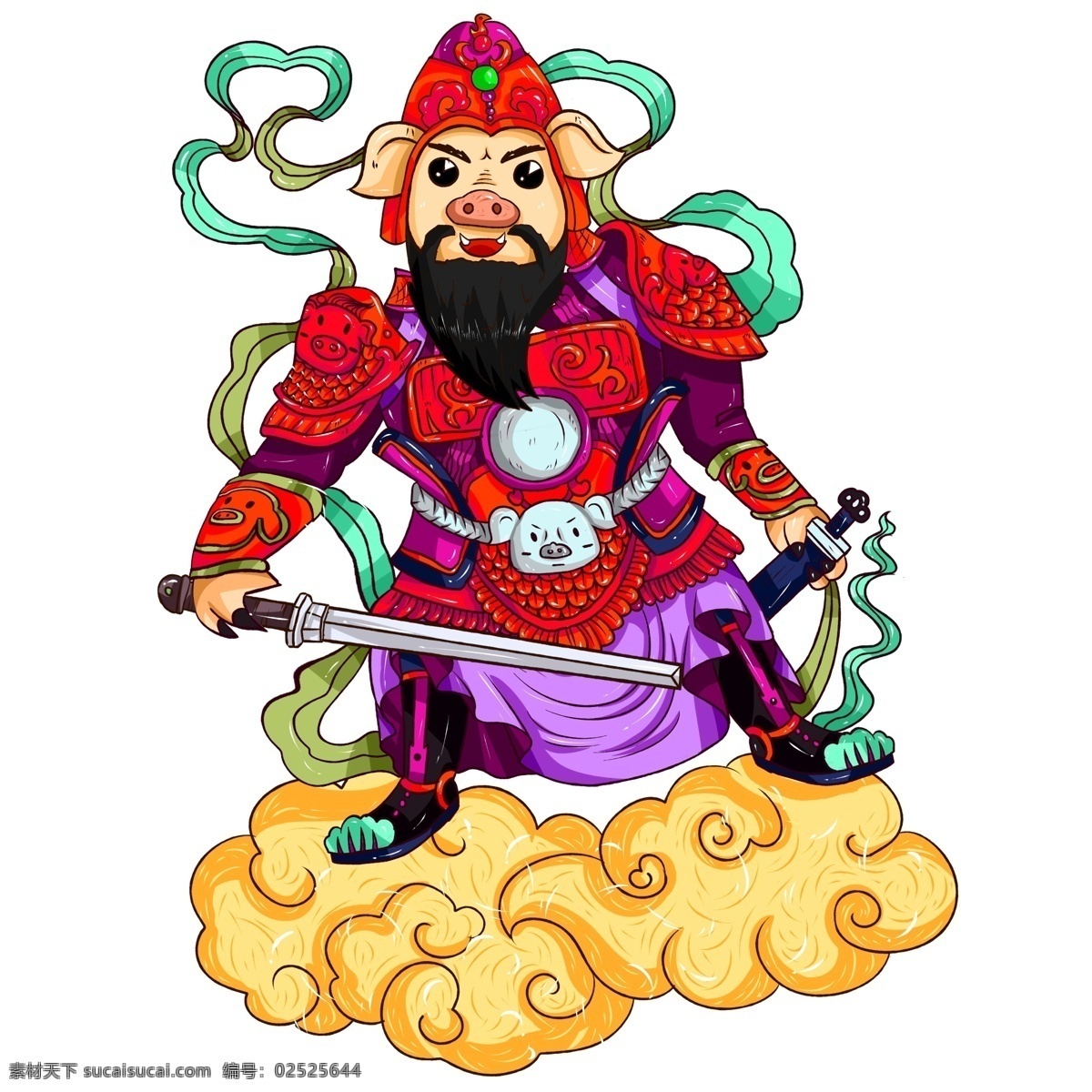 原创 手绘 春节 新年 猪年 祥云 中 国风 猪 门神 宝剑 中国风 海报素材 喜庆 o刽 猪门神 元素