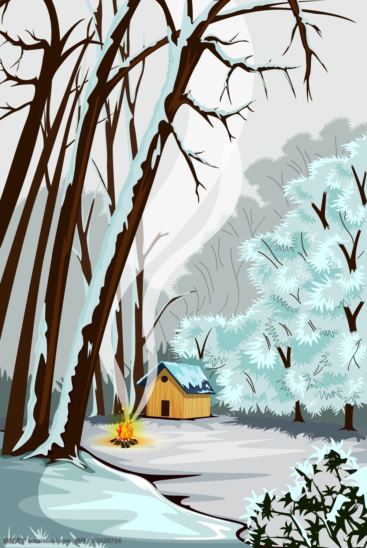 冬天 森林 里 小屋 插画 雪景 火堆 风景 大树 下雪