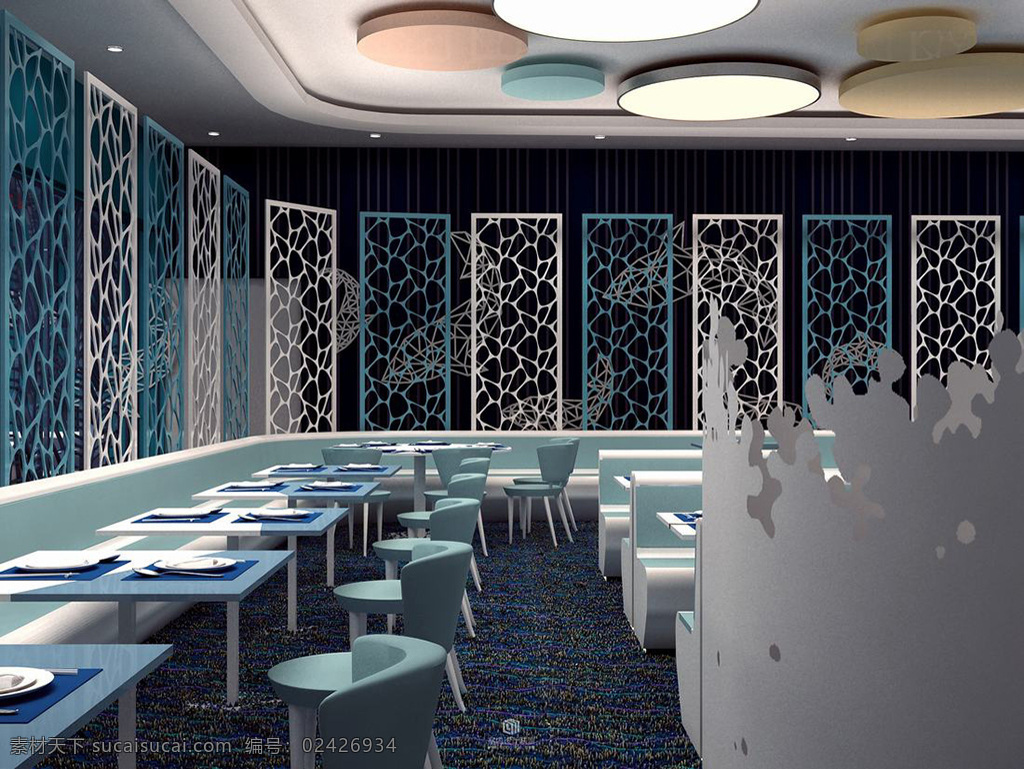 蓝色 地中海 风格 简约 空间 大厅 效果图 室内设计 餐厅效果图 沙发 茶几 桌子 椅子 灯 简约风 装饰画 蓝色调