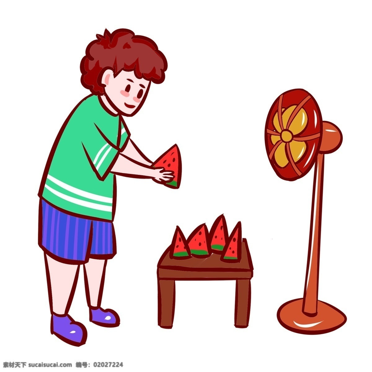 吃 风扇 西瓜 解暑 手绘 卡通 小男孩 清爽 凉爽 夏天 夏季 嬉戏 开心 玩耍 童趣 避暑 降温 小清新