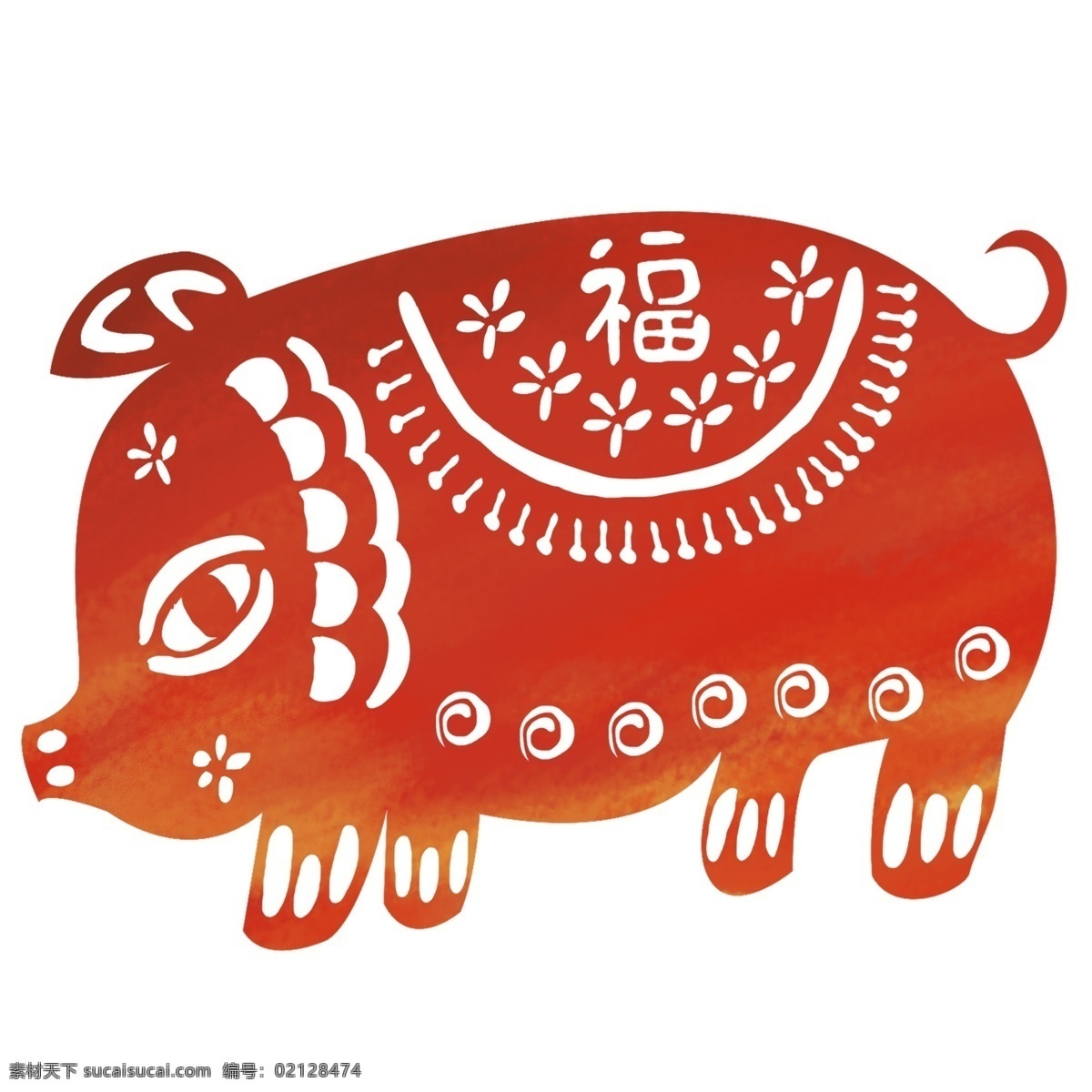 手绘 剪纸 小 猪 图案 带 福字 红色剪纸 新年红色小猪 剪纸纹样 连续图案