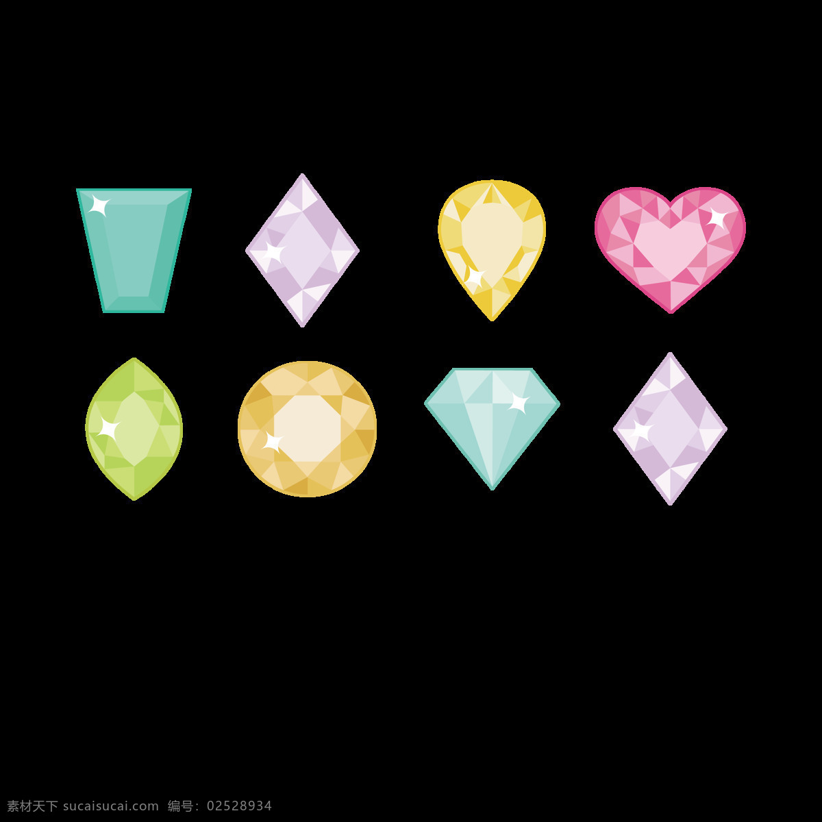 组 彩色 钻石 元素 珠宝 可爱 切割 图形 装饰 水滴钻石 心形钻石 卡通