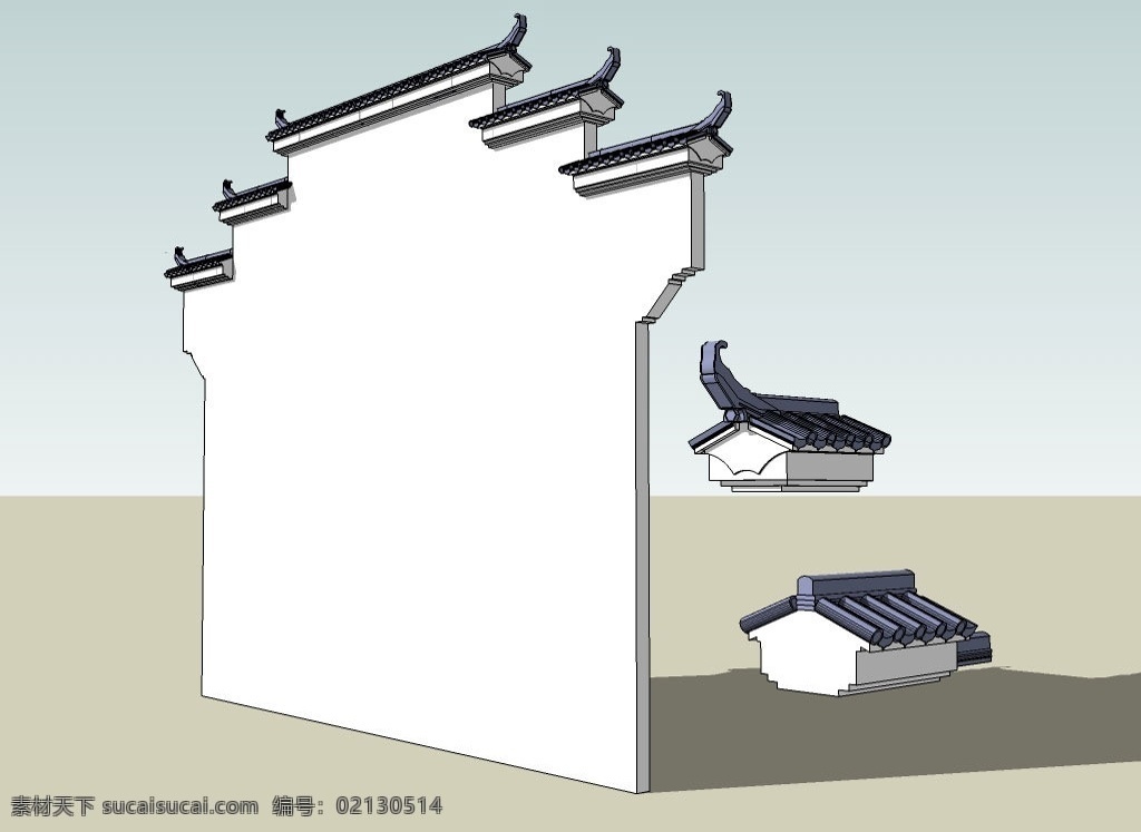 马头 墙 3d 模型 仿古 白墙 瓦片 建筑 立体 三维模型 其他模型 3d设计模型 源文件 skp