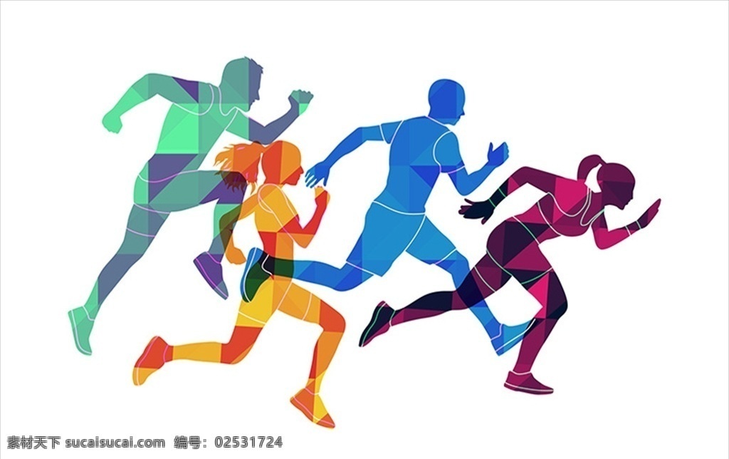 跑步人物剪影 跑步的人 跑 奔跑 运动 跑步剪影 多彩 红色 黄色 蓝色 绿色 男女 运动元素
