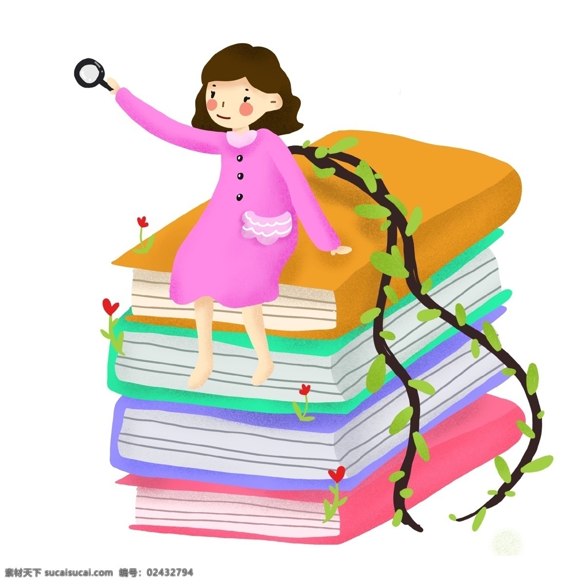 世界 读书 日 小女孩 书本 世界读书日 读书日 阅读 学习 知识 书 紫色 橘色 粉色 卡通 儿童 课本 植物 大自然 放大镜 教育 看书 免扣 人物 卡通人物 插画 海报 原创 小学生 世界阅读日