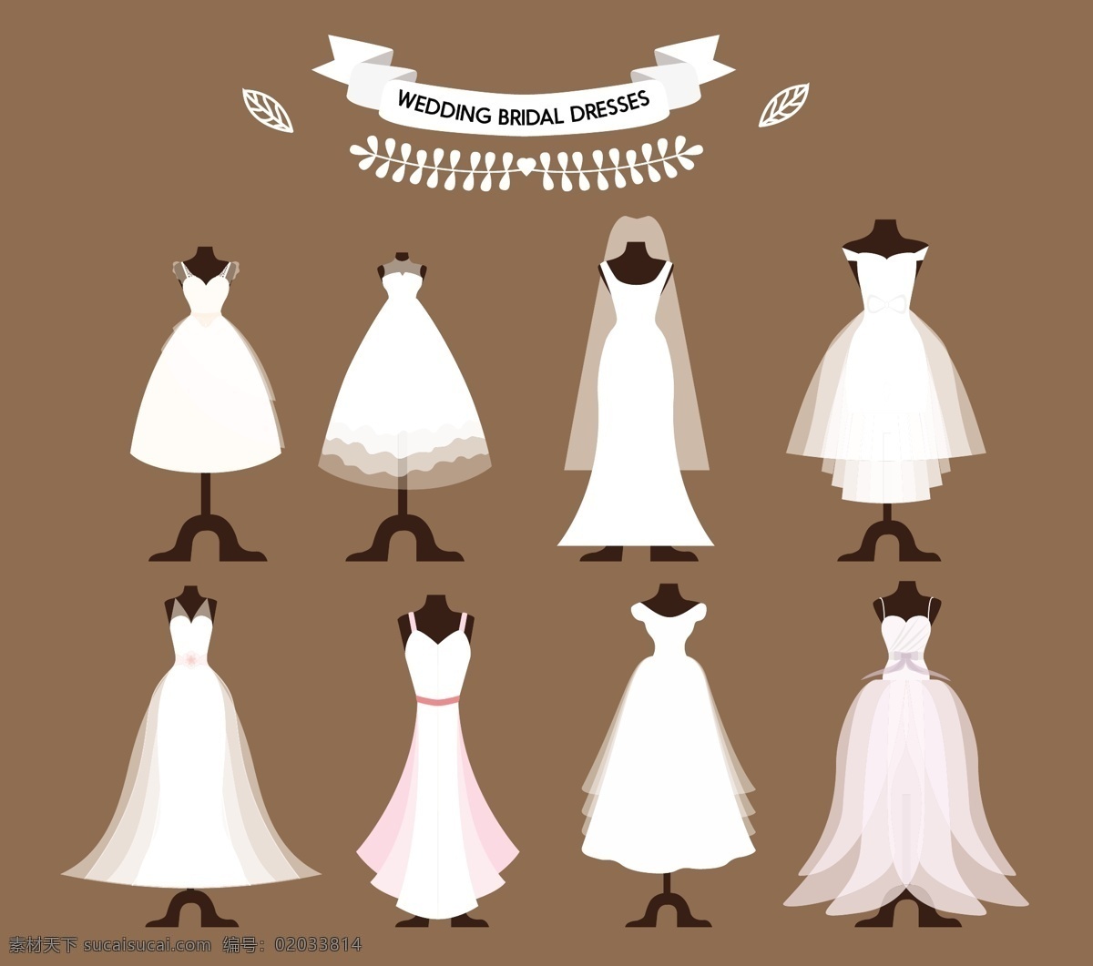 新娘 礼服 集合 向量 插图 不同 风格 自由 衣服 婚纱 结婚 新娘礼服 矢量图