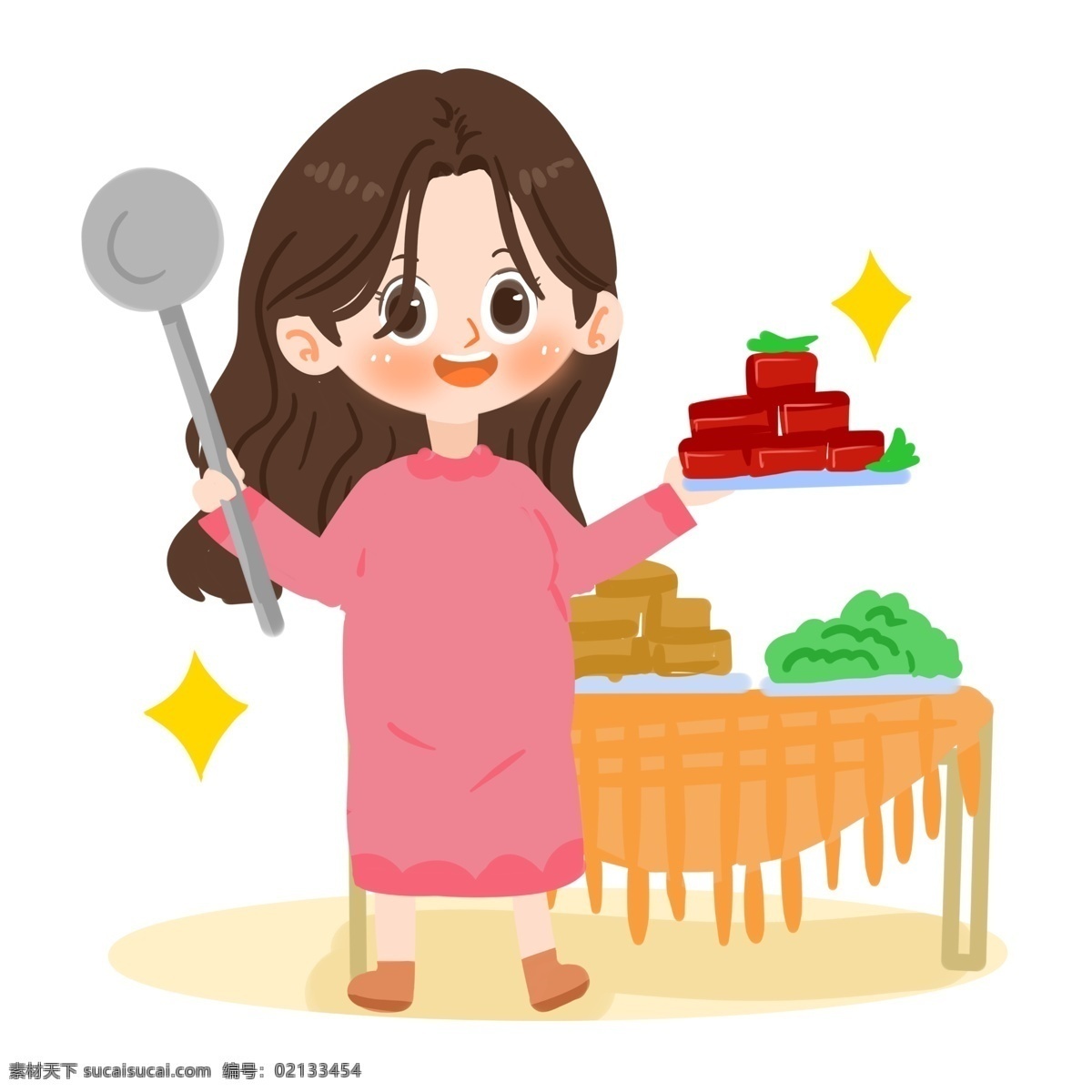 母亲节 卡通 母亲 做菜 红烧肉 勺子 桌布 星星