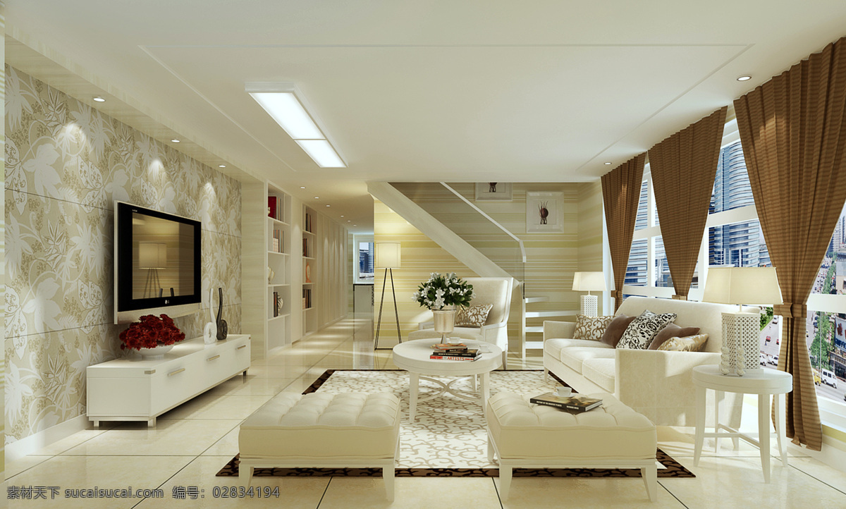 酒店式公寓 现代 浅色 客厅 电视墙 落地窗 简洁风格 3d作品 3d设计