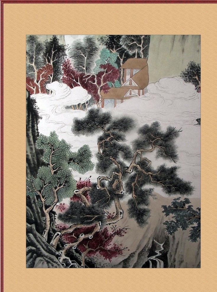 工笔画 白云 深处 有人 家 已装裱 字画 松树 人家 美术绘画 文化艺术
