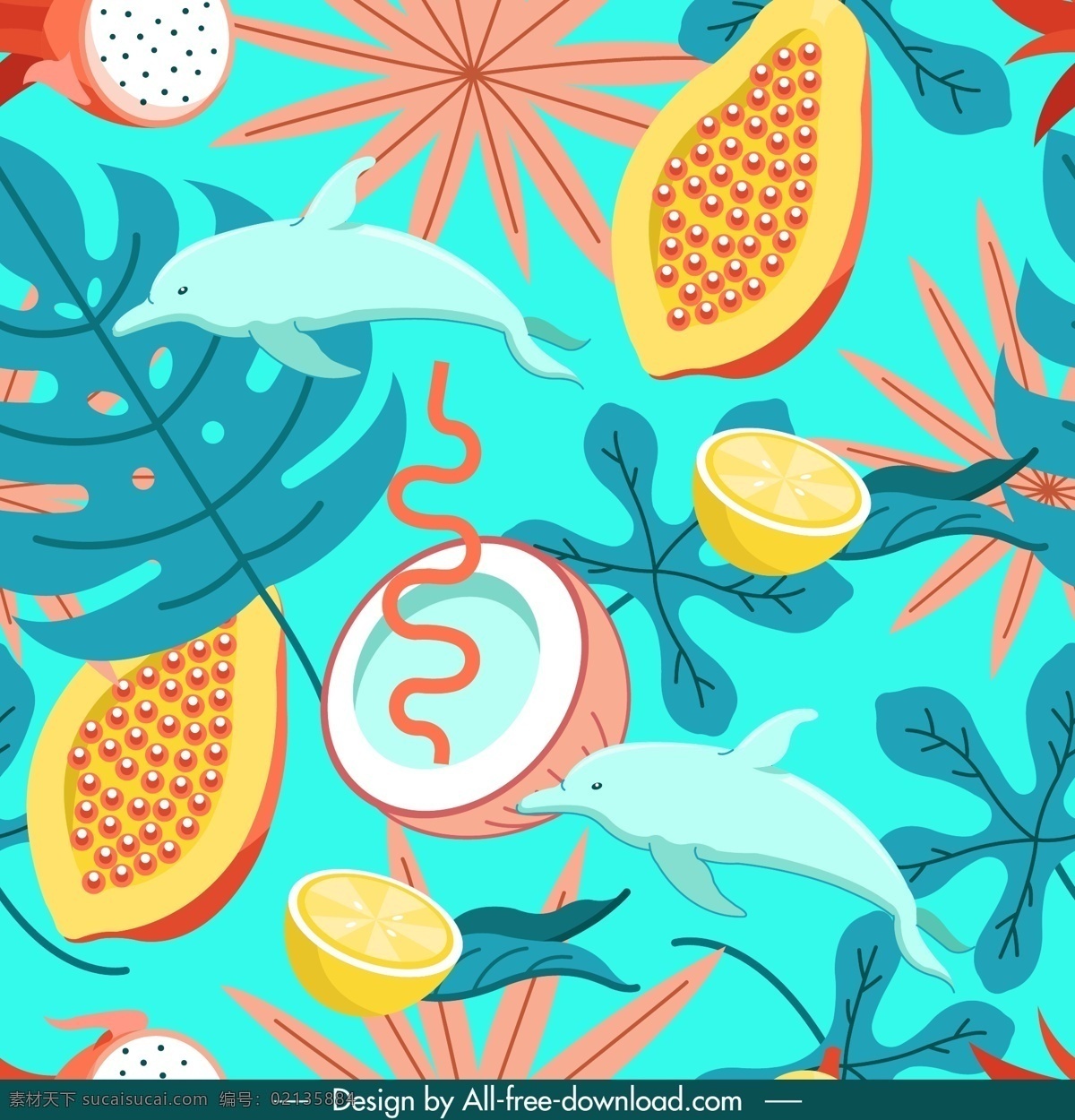 彩色热带水果 海豚无缝背景 火龙果 木瓜 椰子 龟背竹叶 柠檬 树叶 彩色 热带 水果 海豚 无缝背景 矢量图 ai格式 背景