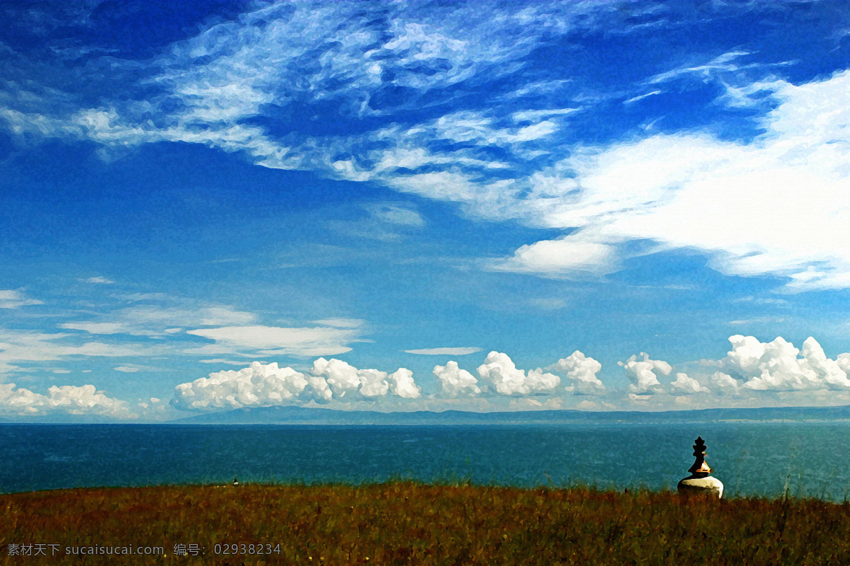青海湖 油画 蓝天 白云 草地 藏族 元素 宗教 自然景观 风景名胜