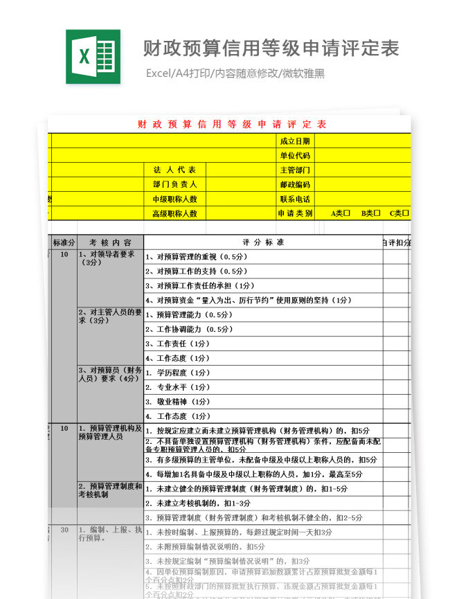 财政 预算 信用 等级 申请 评定 表 excel 文档 图表 图表模板 模板 表格 表格模板 自动变换 表格设计 财务 财政预算 信用等级 申请评定表