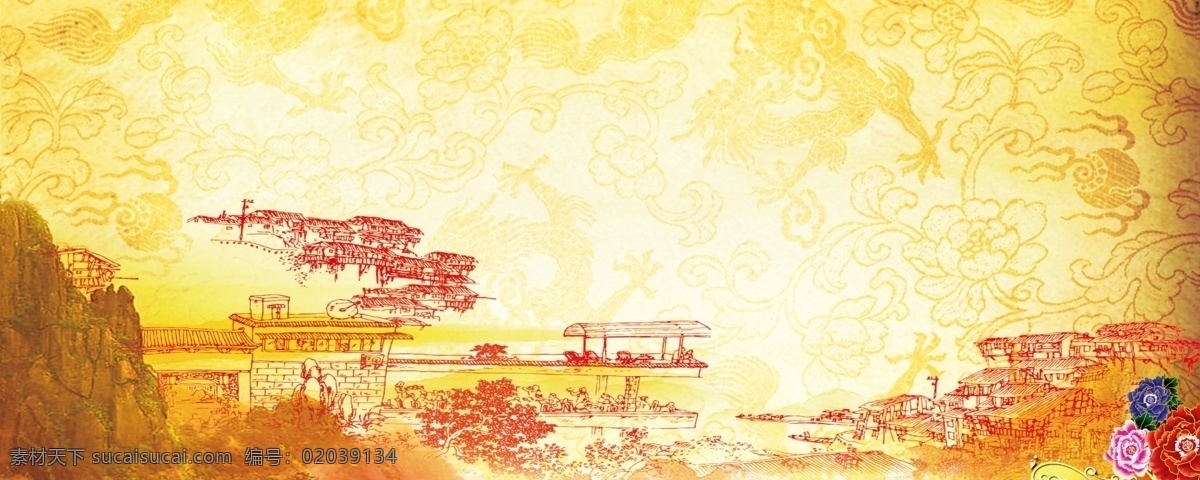 中国风背景 中国风 山 房 古典 底纹 背景 花 水 山水画 古代建筑 古代 分层