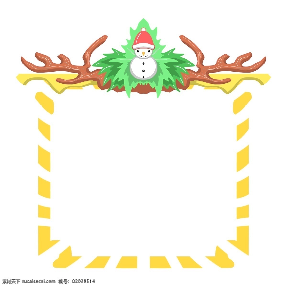 圣诞 雪人 边框 插画 手绘边框 圣诞节边框 白色的雪人 戴 帽 绿色的叶子 黄白条纹边框