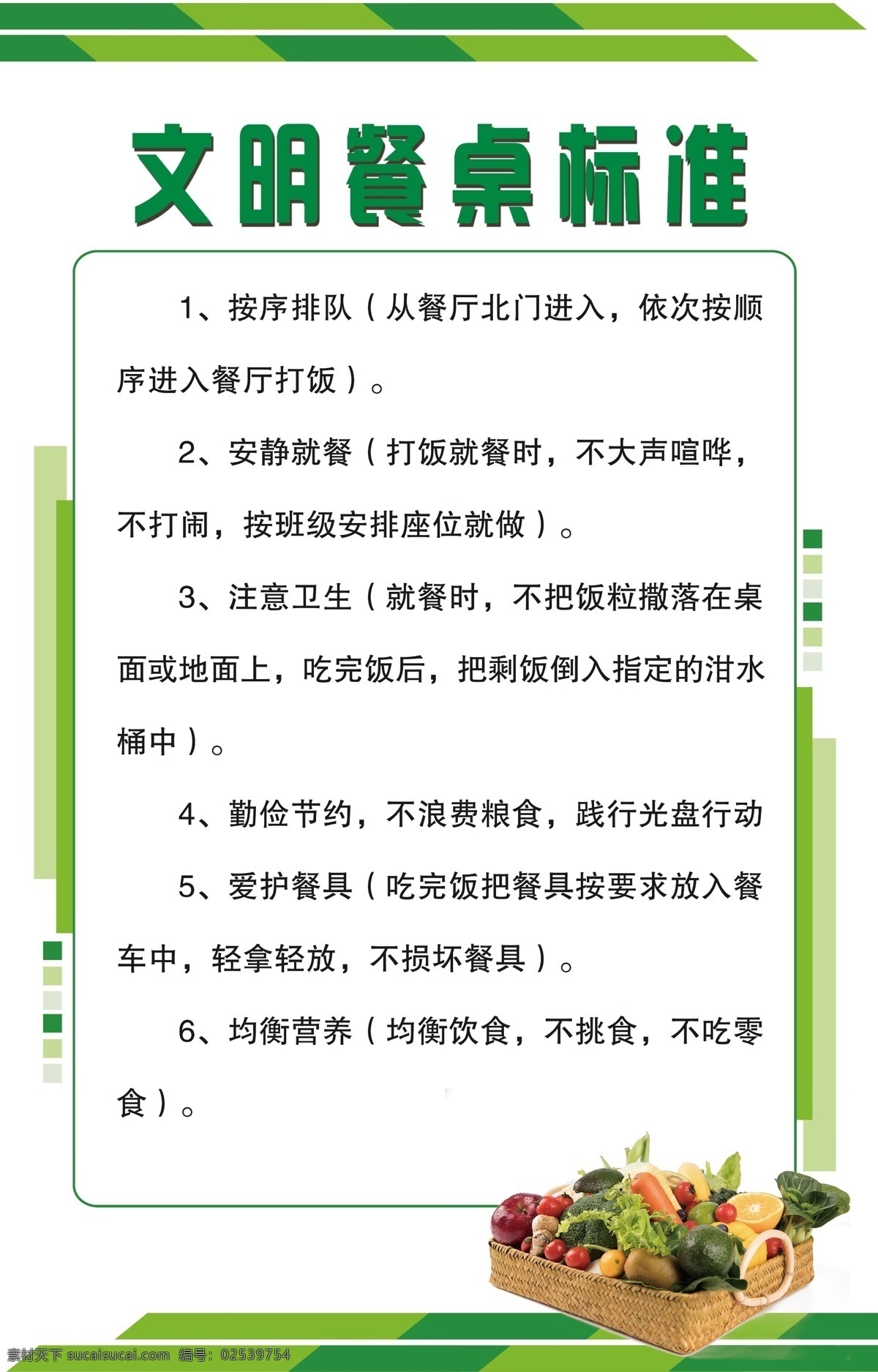 文明餐桌标准 水果 制度 食堂 学校展板 绿色版面 分层