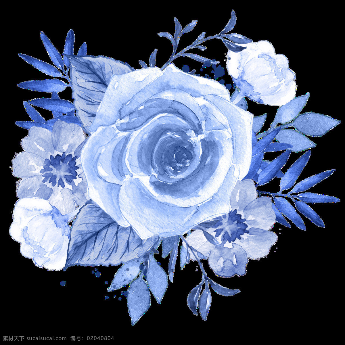 手绘 冷艳 水 蓝色 花朵 透明 高贵 水彩 蓝色叶子 灿烂 免扣素材 透明素材