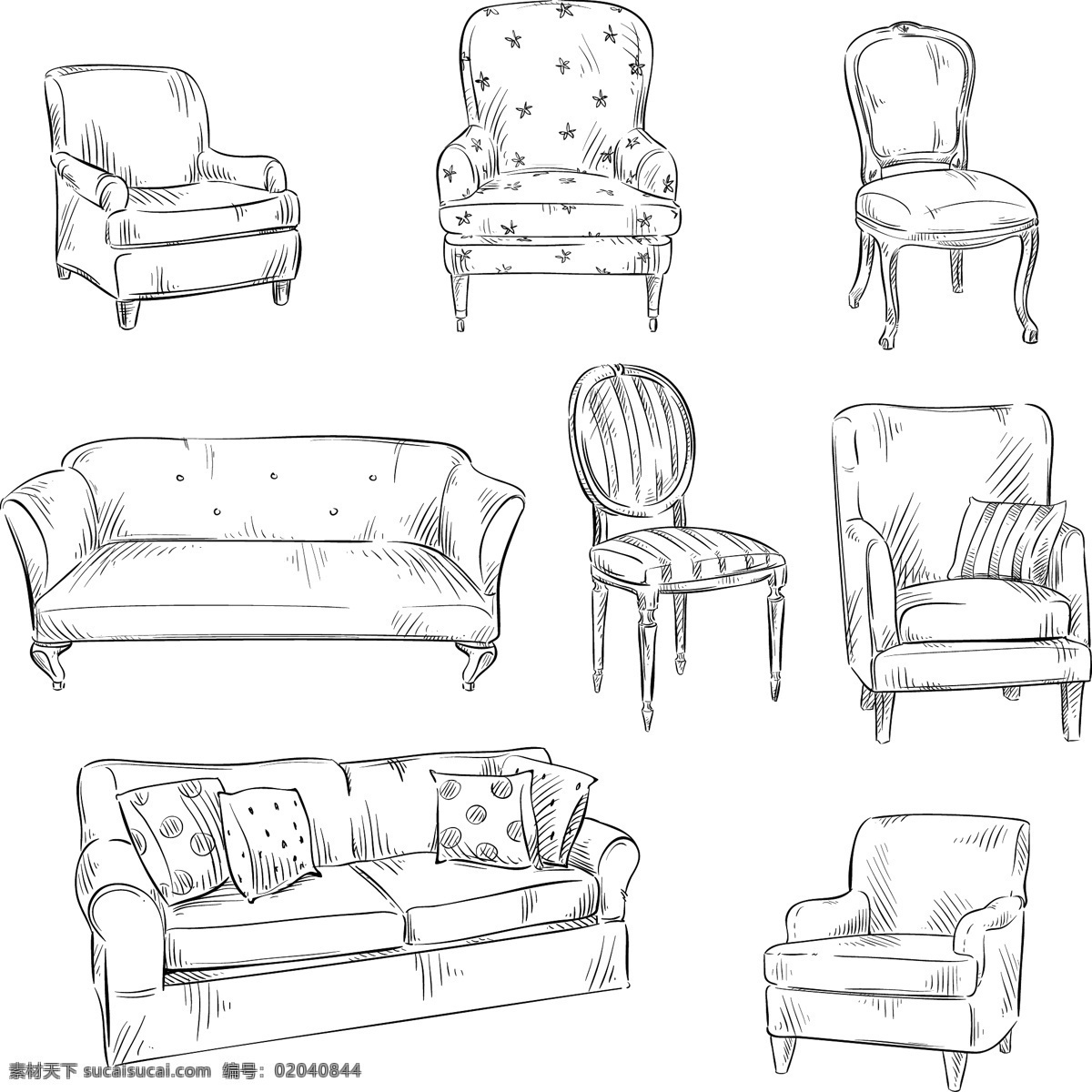 手绘 素描 各种 沙发 椅子 插画 家具 黑白