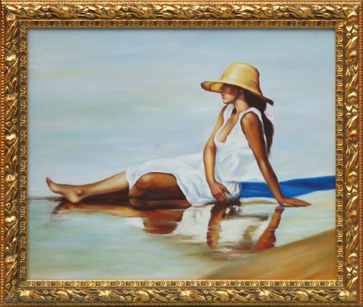 海滩 绘画书法 天空 文化艺术 夏天 油画 滩 上 女人 设计素材 模板下载 海滩上的女人 戴草帽的女人 白色连衣裙 闲暇 高清油画翻拍 装饰素材