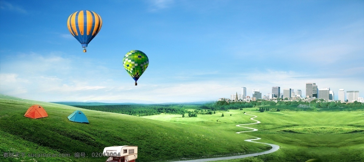 绿色生态 文明 城市 背景 气球 蓝天 城市背景 风景 帐篷 绿地 海报 banner