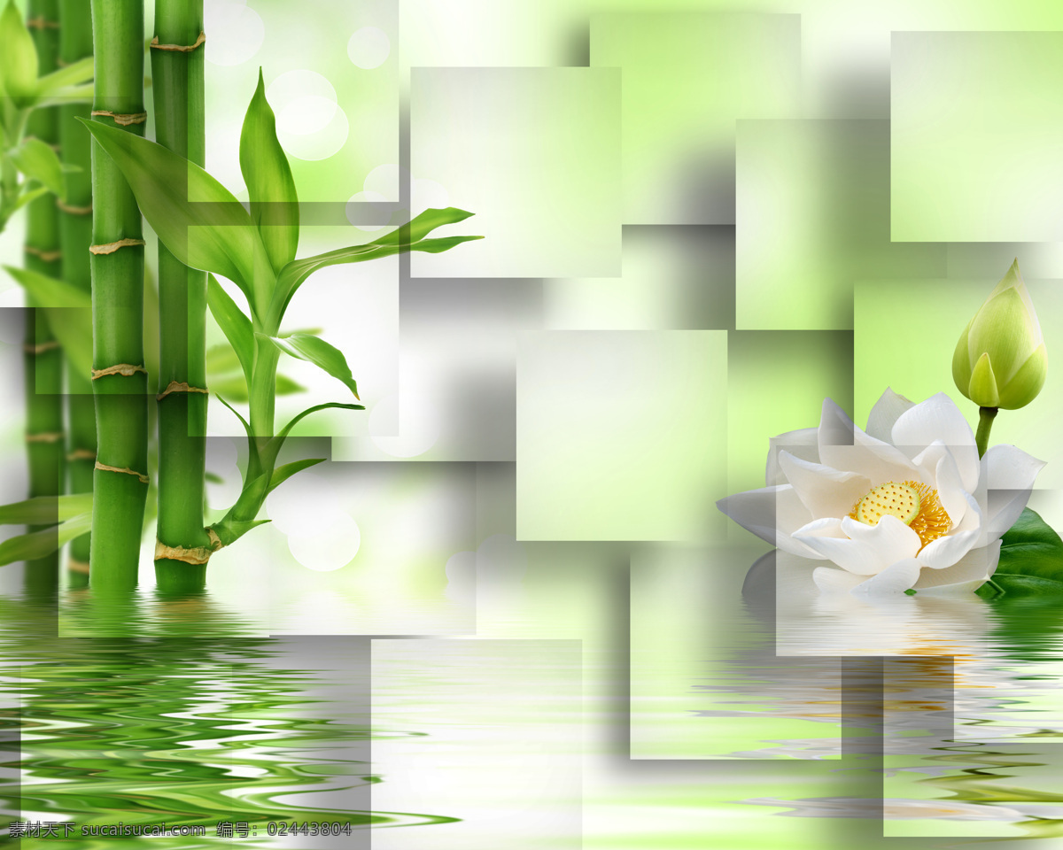 3d 立体 竹子 荷花 莲花 背景 墙 背景墙 墙画 壁画 3d渲染 3d模型 效果图