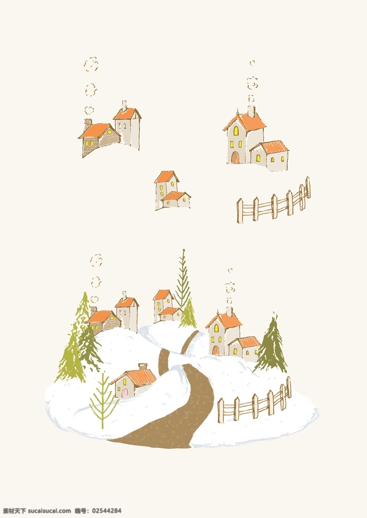 可爱 卡通 冬天 房子 插画 下雪