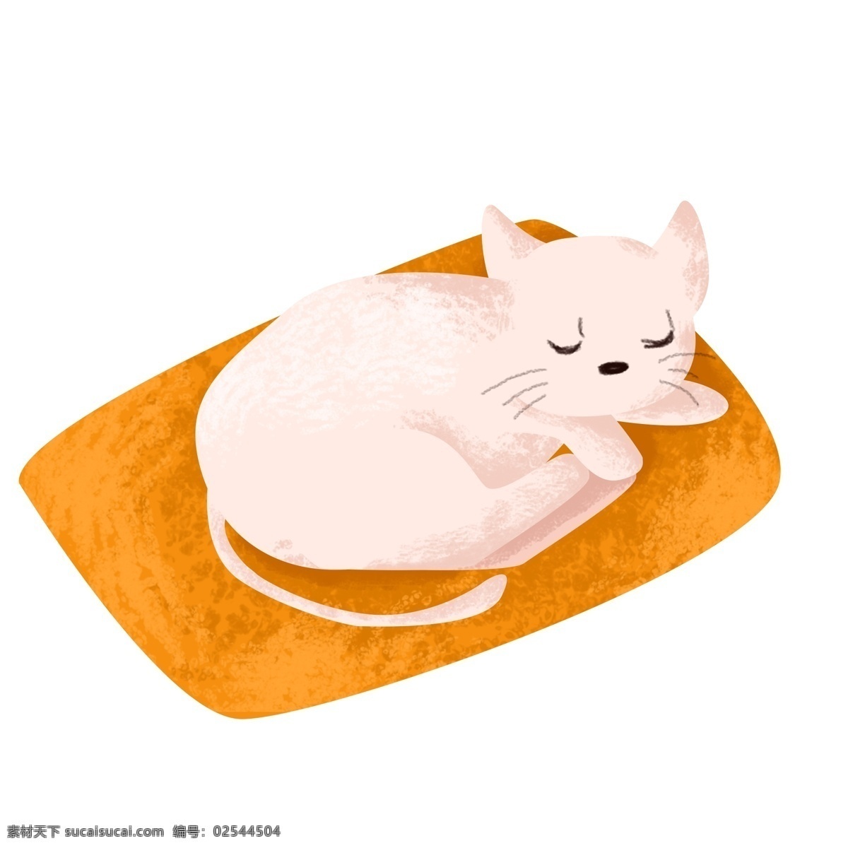 手绘 卡通 黄色 垫子 上 睡觉 小白 猫 小白猫 可爱小猫 猫咪 午休 黄色垫子