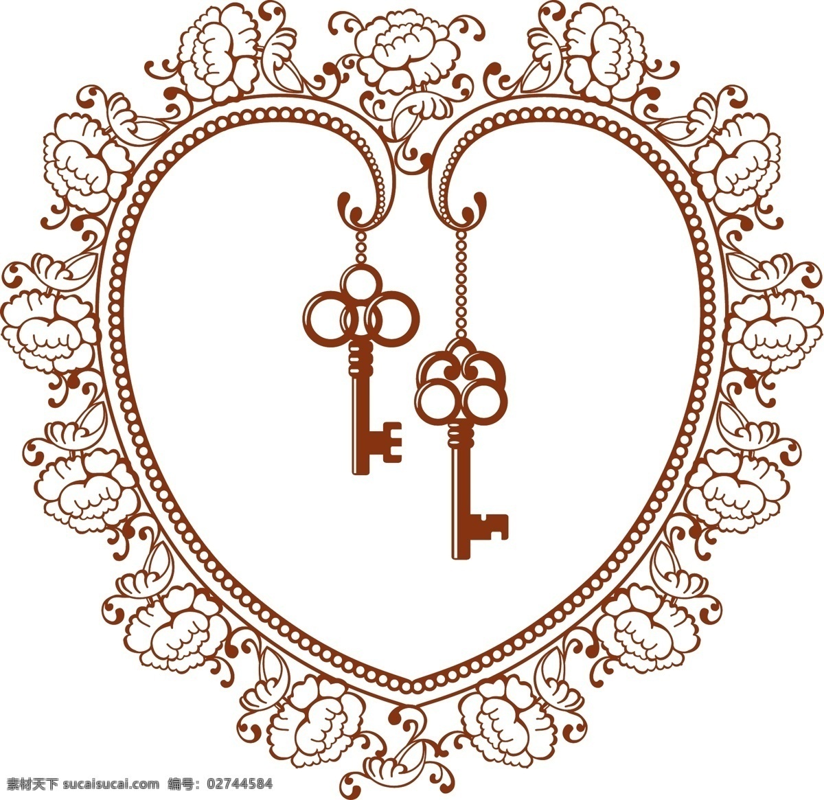 玫瑰心形元素 褐色 玫瑰 花纹 边框 心形 钥匙 吊坠
