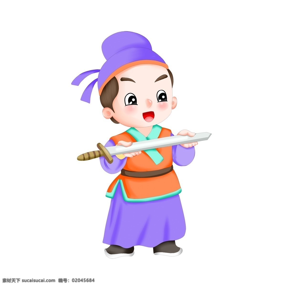 手绘 一把 宝剑 古代 孩童 商用 元素 卡通 可爱 q萌 插画设计 儿童
