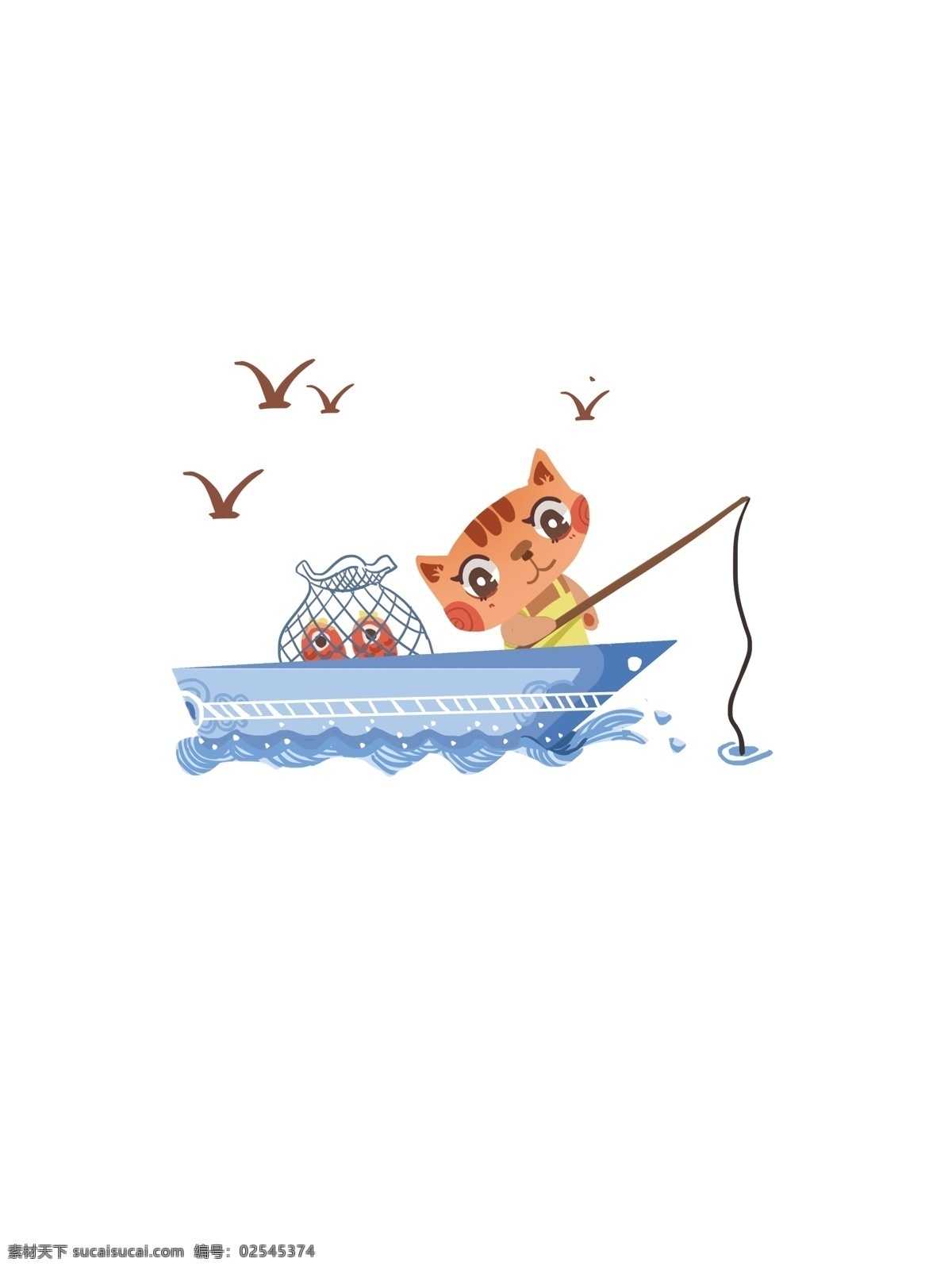 小 清新 扁平 风清 新海 上 小猫 钓鱼 手提袋 海上 海鸥 小船