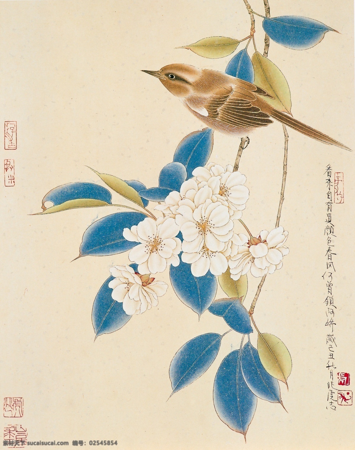 工笔 国画花鸟 画眉 喜鹊 梅花 树枝 中国风 工笔画 装饰画 暖色调 文化艺术 写意小鸟 大师作品 粉色