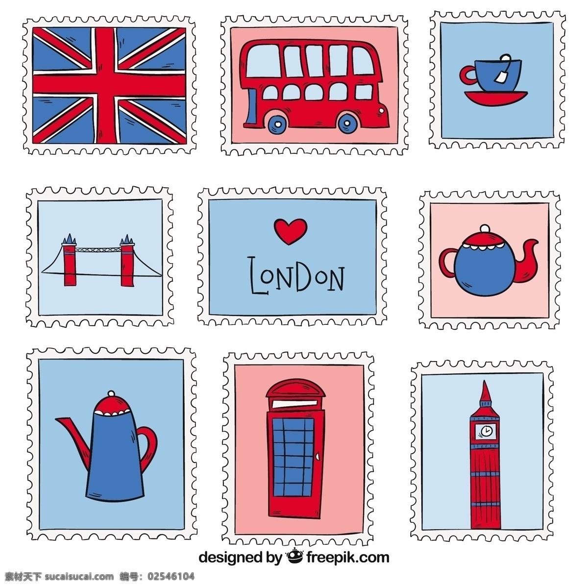 手绘 伦敦 主题 邮票 图标 伦敦主题 邮票图标
