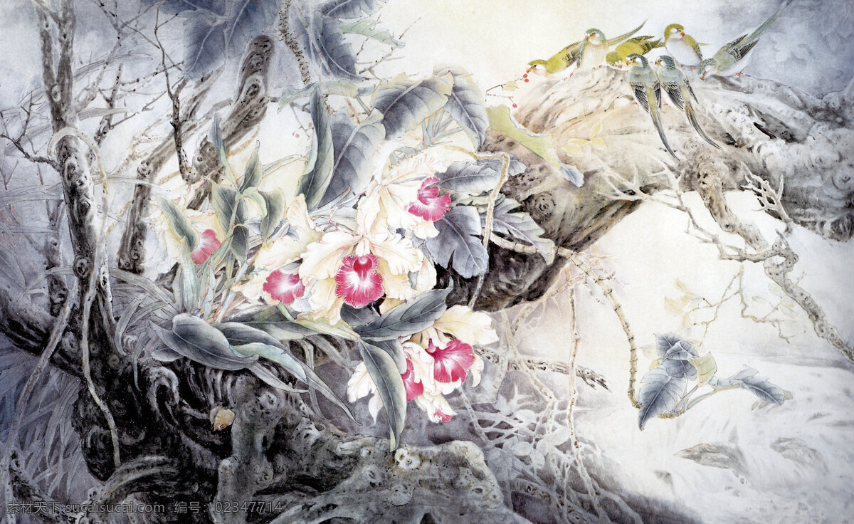 兰溪晨曲 画 中国画 工笔重彩画 花鸟画 现代国画 植物 鸟儿 山野 山林 森林 花朵 红花 花木 树木 叶子 山泉 溪流 石头 国画艺术 书法 印章 国画集16 绘画书法 文化艺术