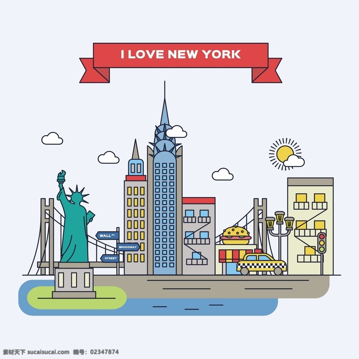 创意 纽约 建筑 插画 矢量 汉堡包 美国 自由女神像 帝国大厦 出租车 风景名胜 布鲁克林大桥 文化艺术 绘画书法