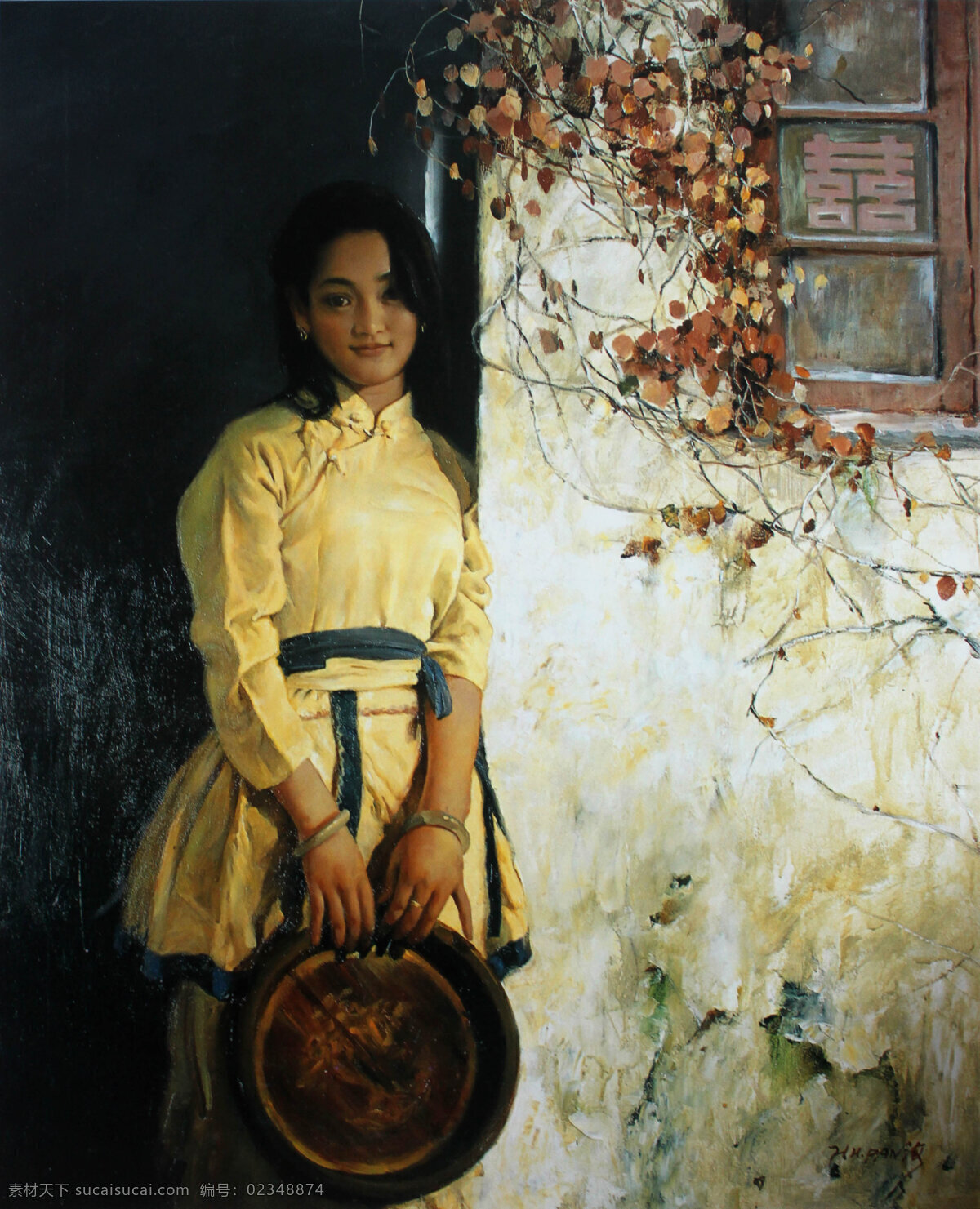 水乡少女 农家女 女孩 木盆 窗 喜字 树叶 水乡 江南 水乡风景 潘鸿海 油画 人物画 中国油画1 绘画书法 文化艺术