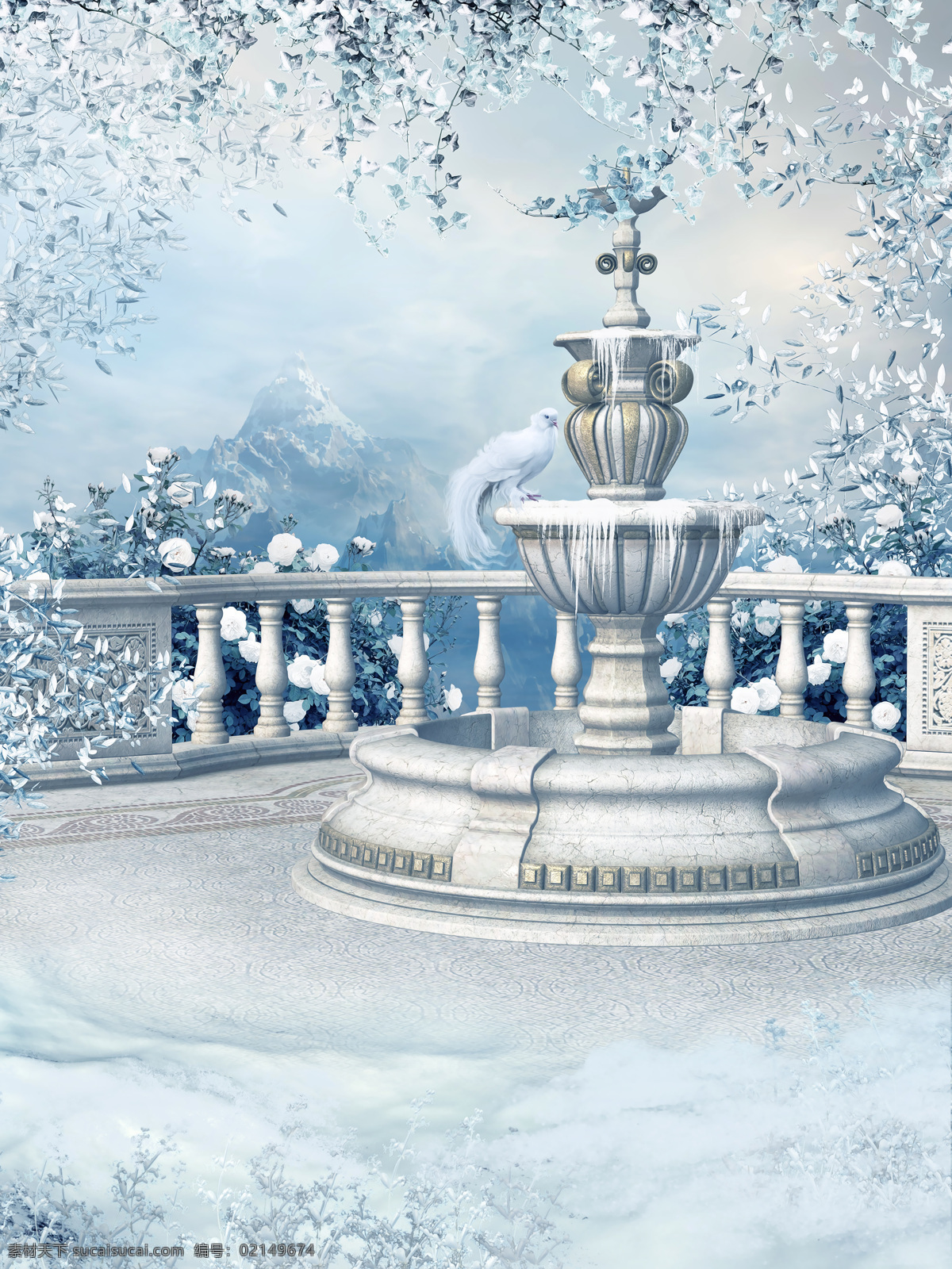 喷泉 风景 雪山风景 栏杆 小鸟 冬天风景 美丽风景 雪地风景 其他类别 环境家居