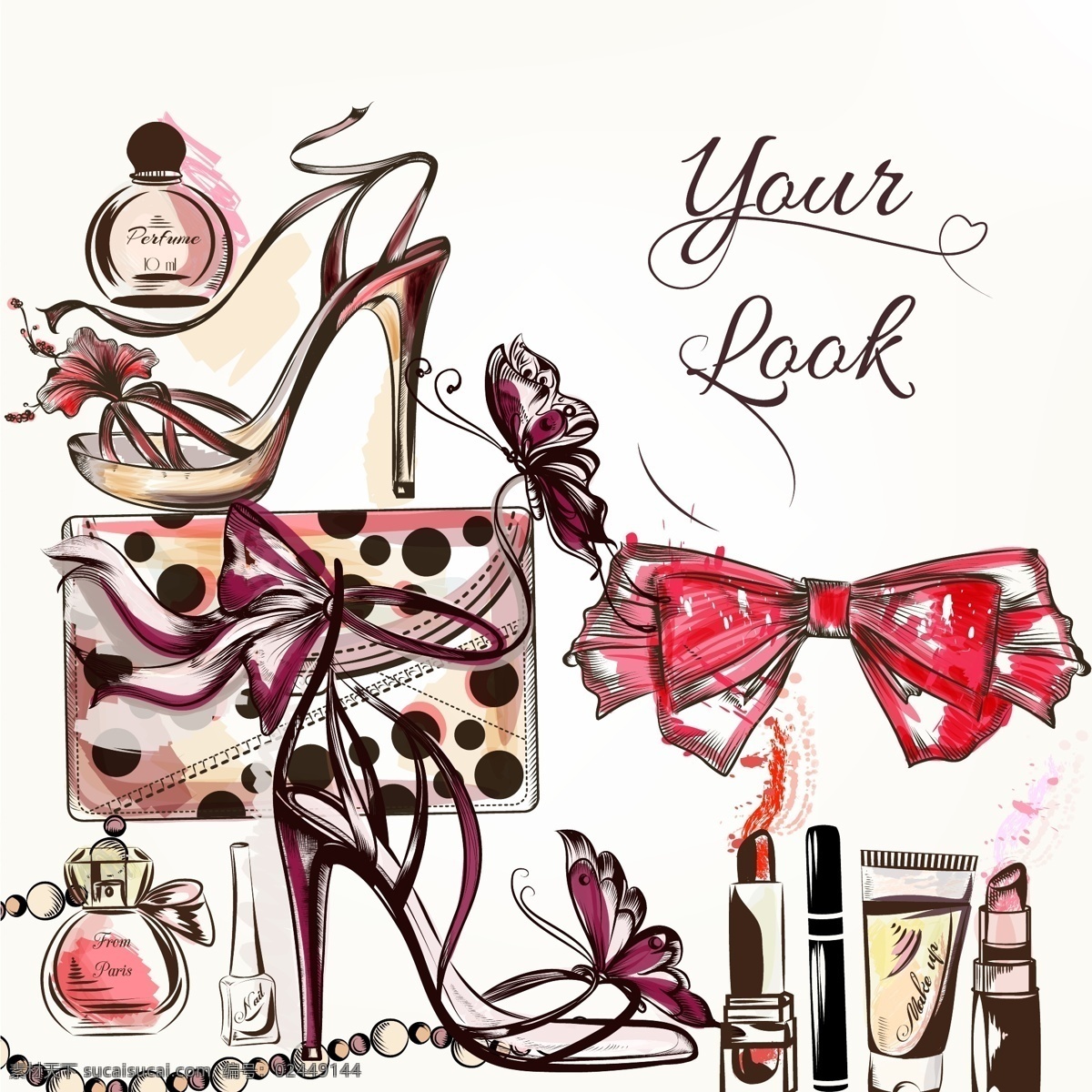手绘 时尚 女性用品 插画 包包 高跟鞋 蝴蝶结 化妆品 口红 女性 香水