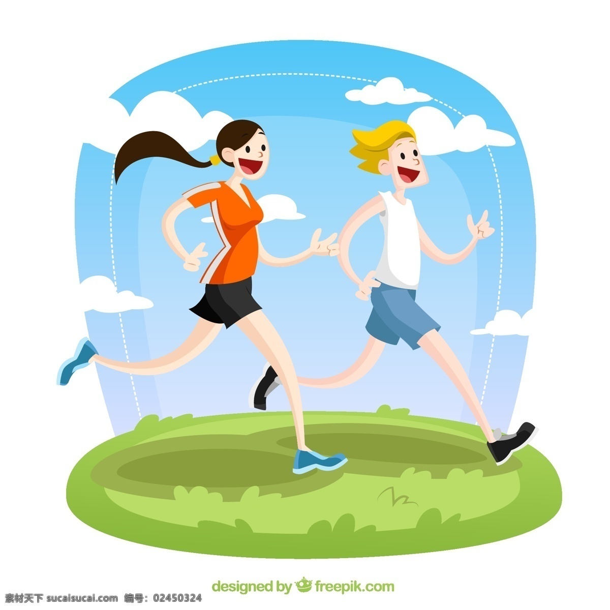 跑步男女矢量 跑步男女片 卡通跑步男女 草地 户外 云朵 天 风景 自然 跑步 健身 运动 人物 男子 女子 运动元素设计 文化艺术 体育运动