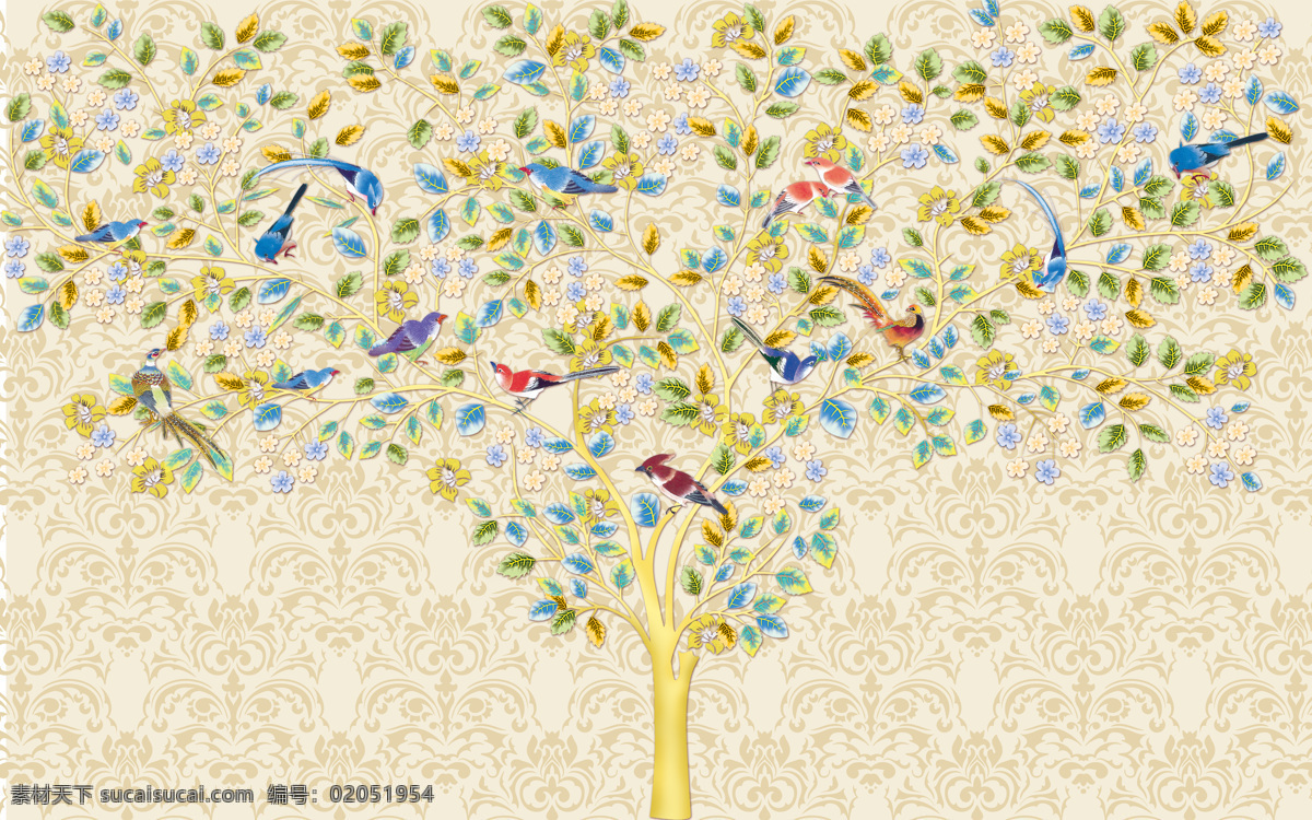 欧式 手绘 花树 复古 背景 墙壁 画 背景墙 壁画 3d渲染 效果图