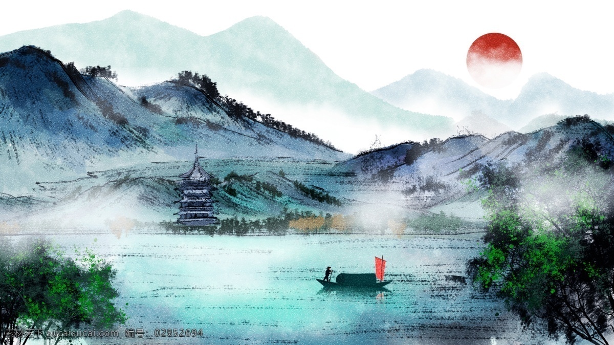 唯美 古风 中国 风 水彩画 水墨画 插画 壁纸 仙境 中国风水彩画 手机配图