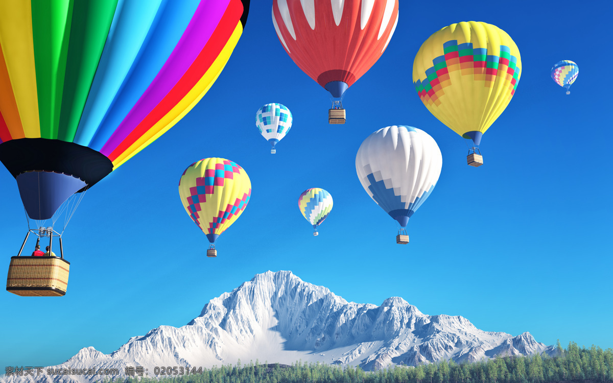 雪山与热气球 蓝天 雪山 热气球 空中热气球 天空 旅行 轻气球 自然风景 其他类别 生活百科 蓝色