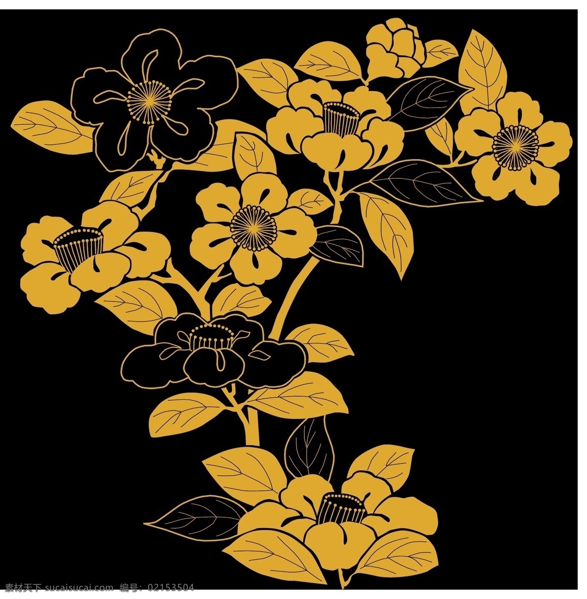 黄色 花枝 装饰 图案 设计素材 花朵 树叶 矢量素材 设计元素 黑色背景图 装饰素材 装饰图案