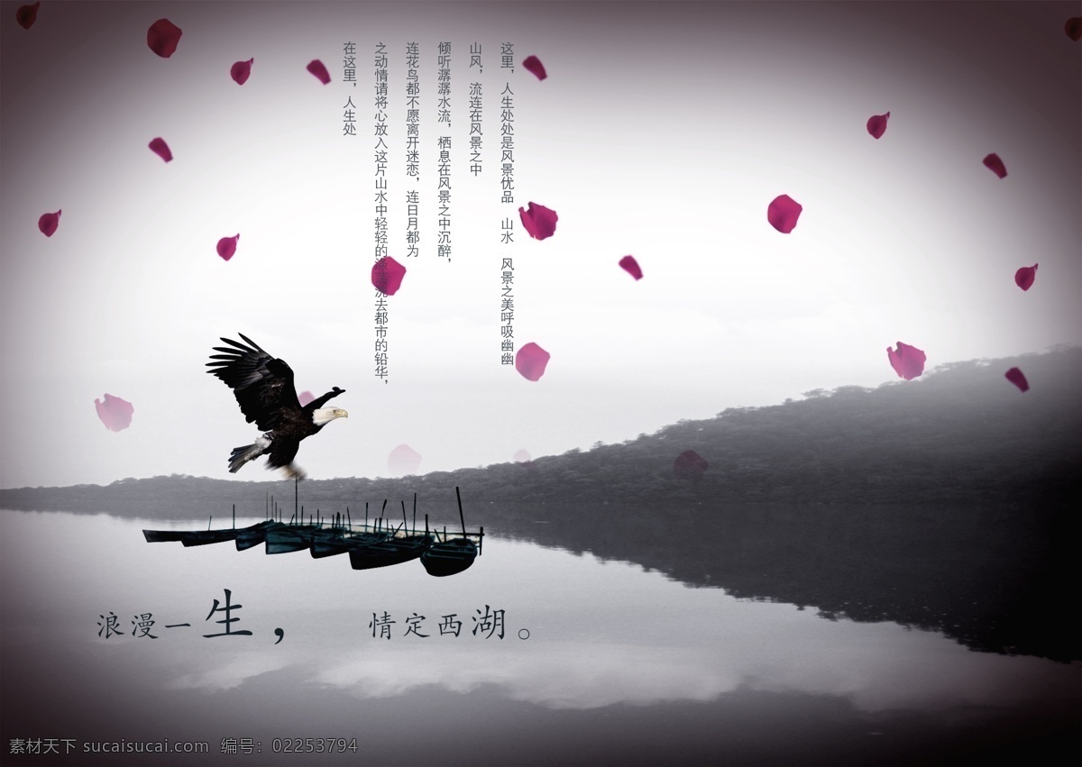 西湖 有花瓣 湖水 小船 小山 天空 还有 飞鹰 突出 美景 婚纱摄影模板 摄影模板 源文件