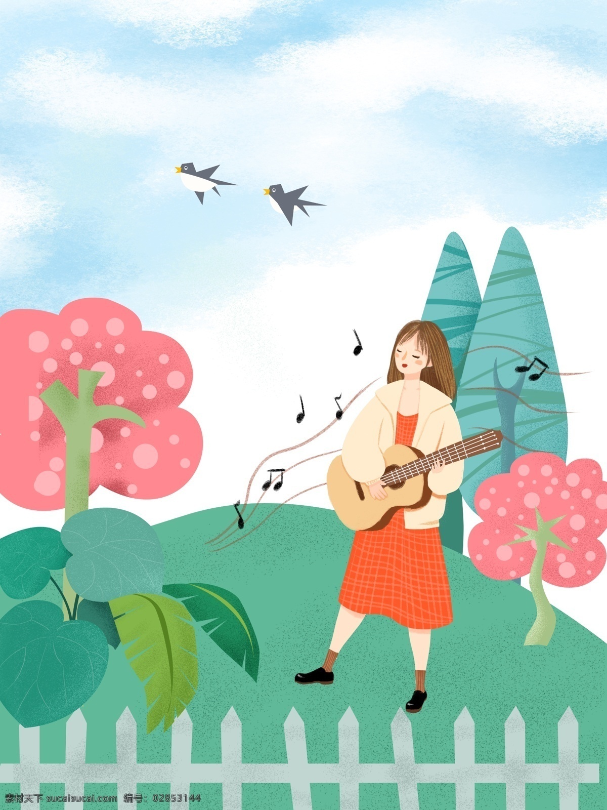 春天 自然 绿植 风景 女孩 弹琴 背景 女孩弹琴 卡通 插画 春光 春色 春风 树木 燕子 简约