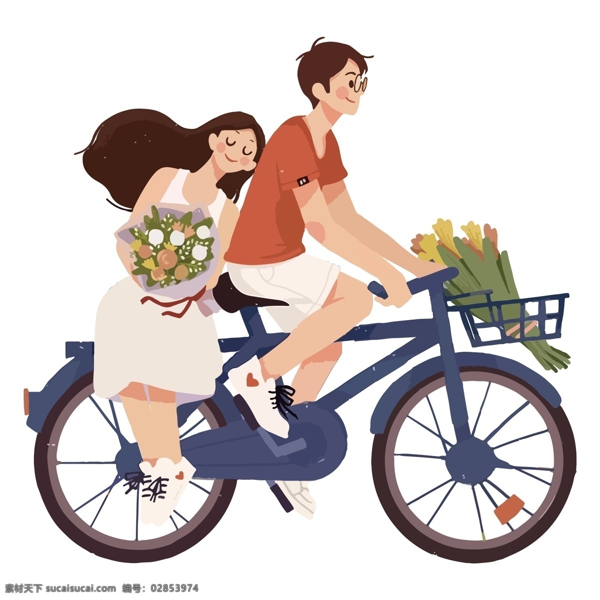骑 单车 情侣 元素 骑单车 抱 鲜花 女孩 人物元素 精致人物 手绘元素 装饰图案 设计元素 卡通元素