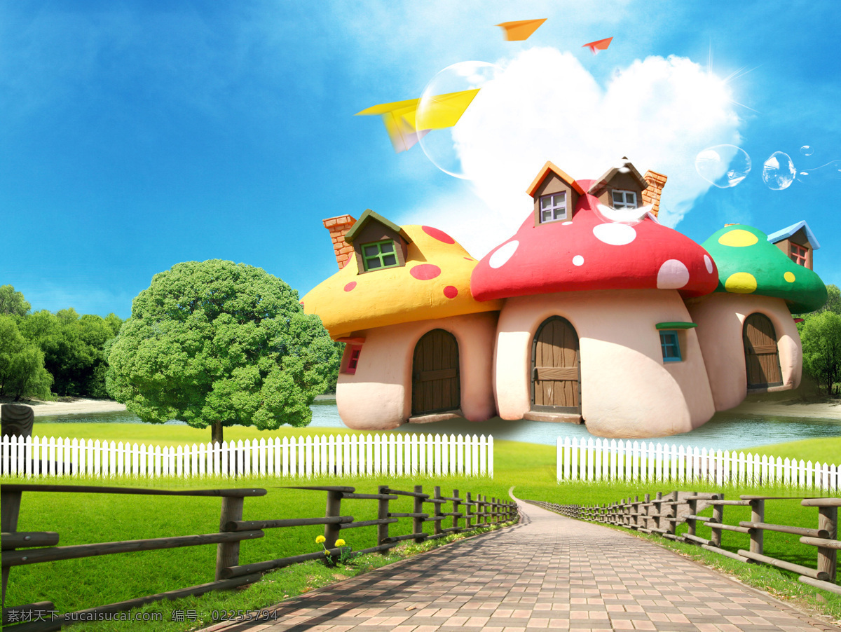 童话里的屋子 童话 房子 儿童 背景 纸飞机 风景漫画 动漫动画