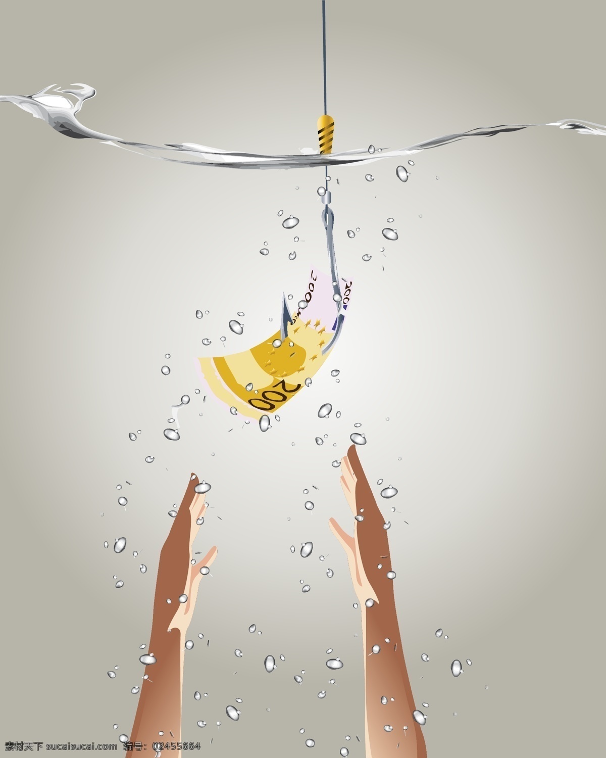 伸手 主题 矢量 钓鱼 水 水滴 动感 水珠 金钱 货币 鱼钩 矢量素材