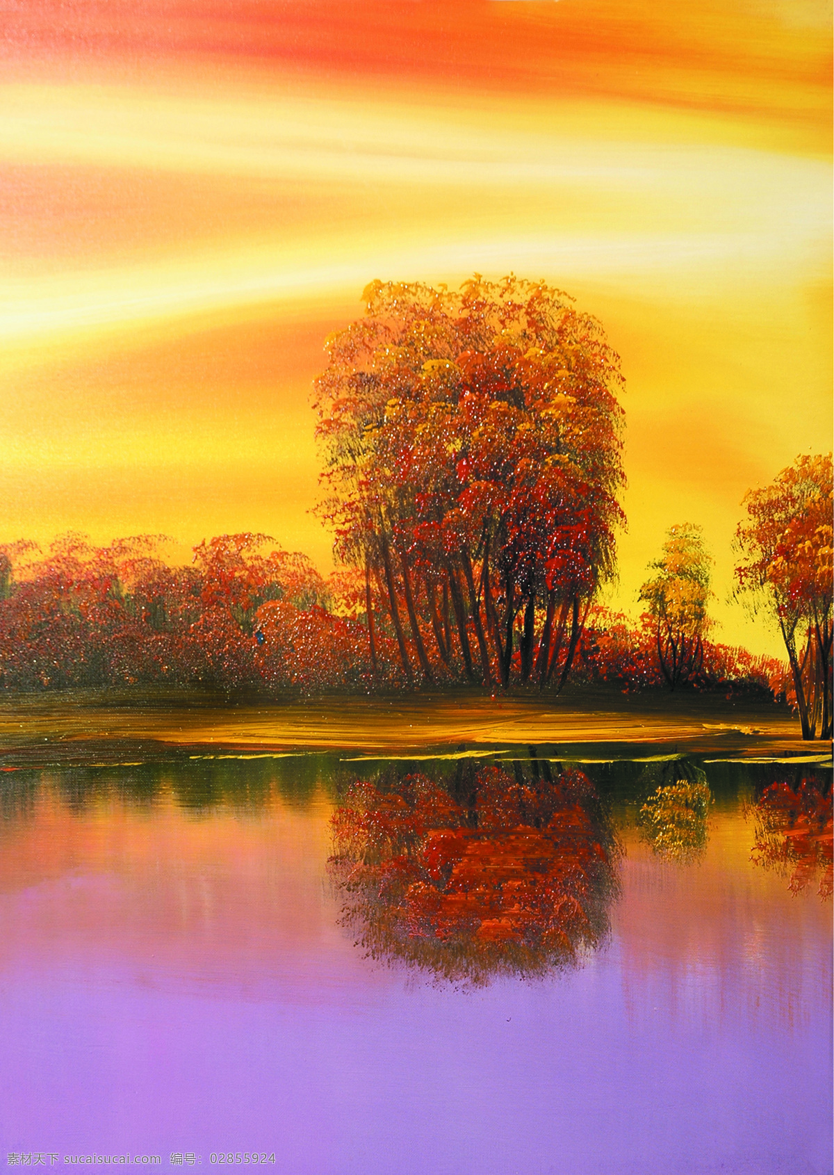 美丽 树木 湖 景 湖景 油画 绘画 艺术 写生 水墨 花草 画 水墨画 风景 其他艺术 文化艺术 黄色