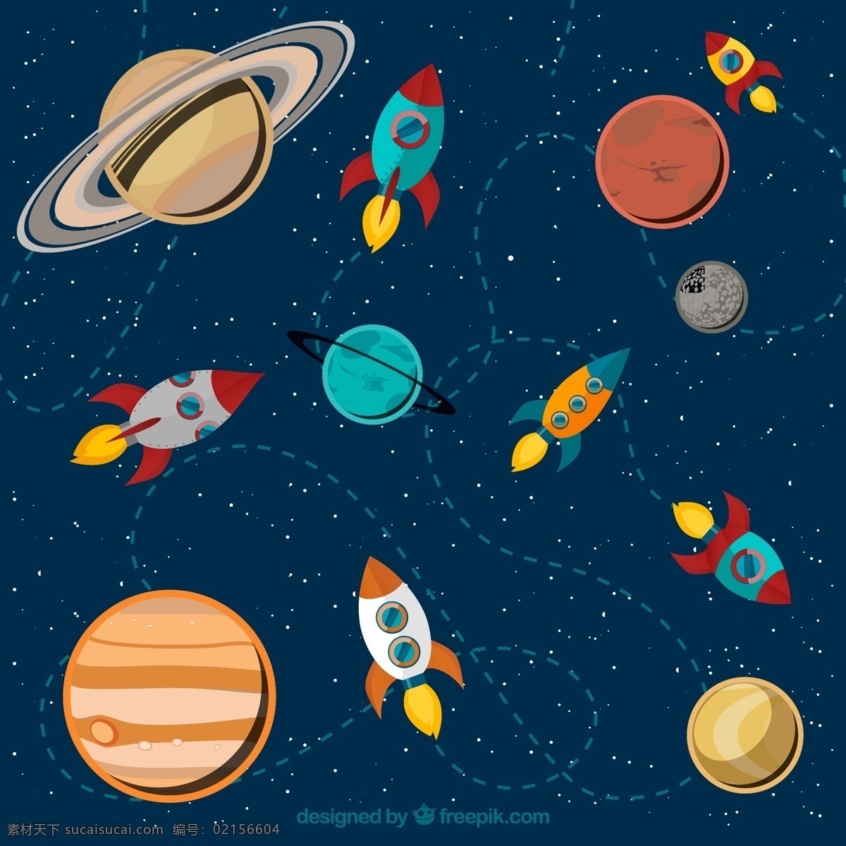 卡通太空插画 航空航天 太空 宇宙 行星 火箭 轨迹 矢量图... 白色